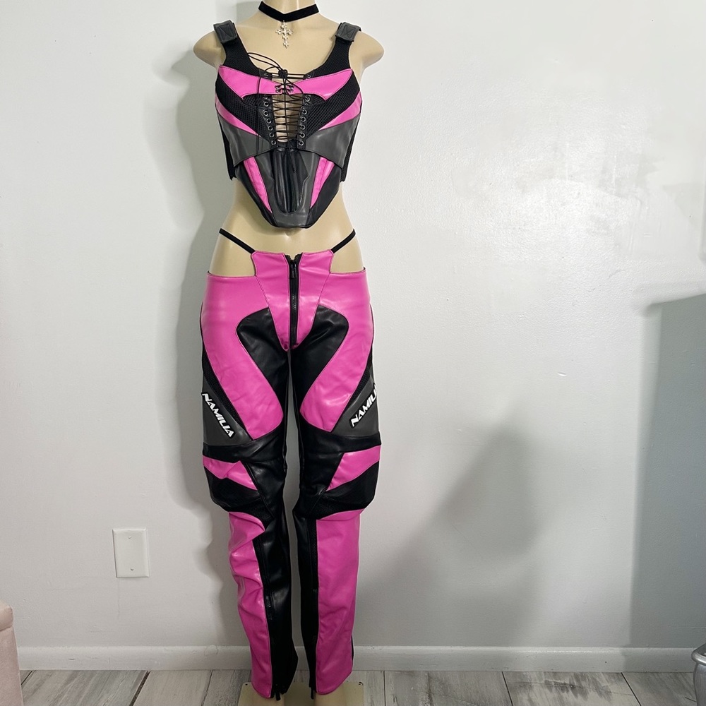 Namilia 2pc Faux Leather Biker Thong Pant Set